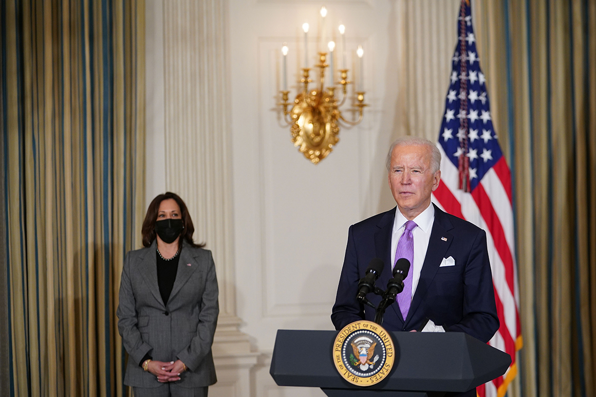 US President Joe Biden arrives to speak on racial equity with US Vice President Kamala Harris before signing executive orders in the State Dining Room of the White House in Washington, DC on January 26, 2021. Photo by MANDEL NGAN/AFP via Getty Images